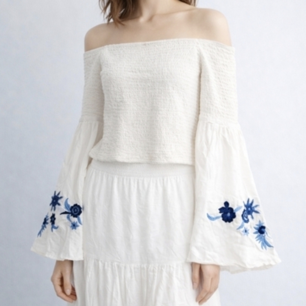 Guess Women's white Embroidered Shoulder Blouse Shirt